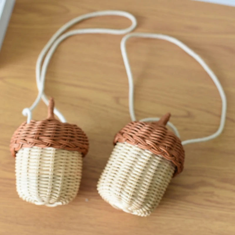 Handwoven Round Rattan Woven Bag Bucket Style Beach Travel Bag