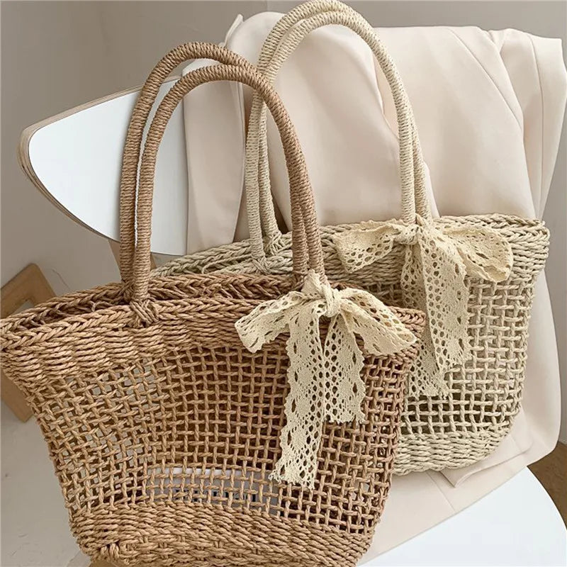 Straw Rattan Beach Handbag for Women Girls Hollow Out Crossbody Bag