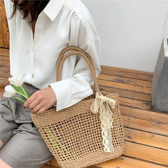 Straw Rattan Beach Handbag for Women Girls Hollow Out Crossbody Bag