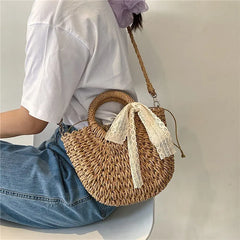 Straw Rattan Beach Handbag for Women Girls Hollow Out Crossbody Bag
