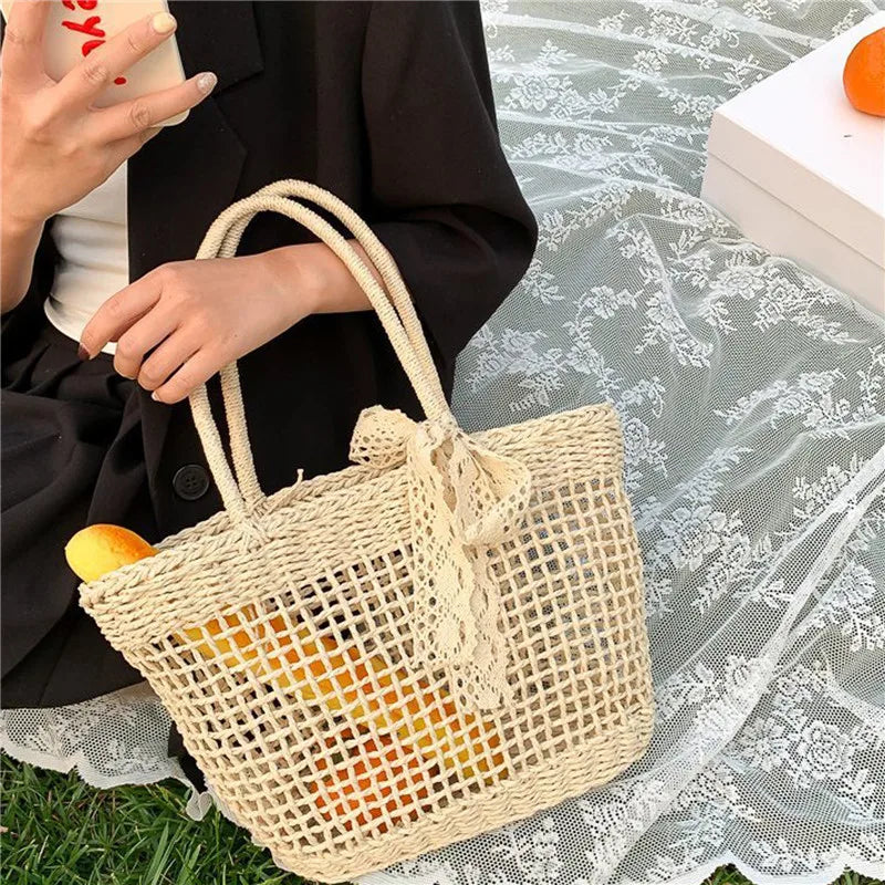 Straw Rattan Beach Handbag for Women Girls Hollow Out Crossbody Bag