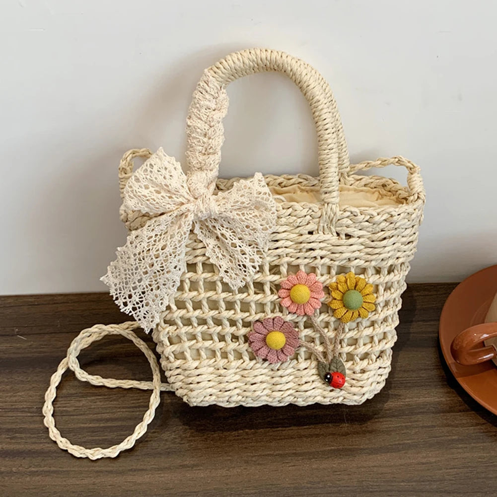 Handwoven Women Handbags Rattan Flower with Lace Bow Composite Shoulder Bag