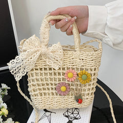 Handwoven Women Handbags Rattan Flower with Lace Bow Composite Shoulder Bag