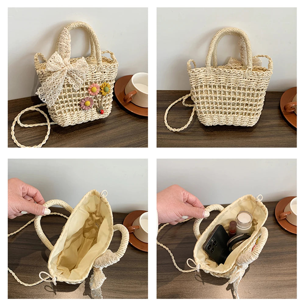 Handwoven Women Handbags Rattan Flower with Lace Bow Composite Shoulder Bag