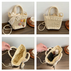 Handwoven Women Handbags Rattan Flower with Lace Bow Composite Shoulder Bag