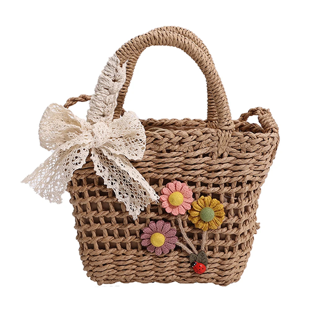 Women Handbags Rattan Flower Lace Bow Shoulder Bag Durable for Shopping