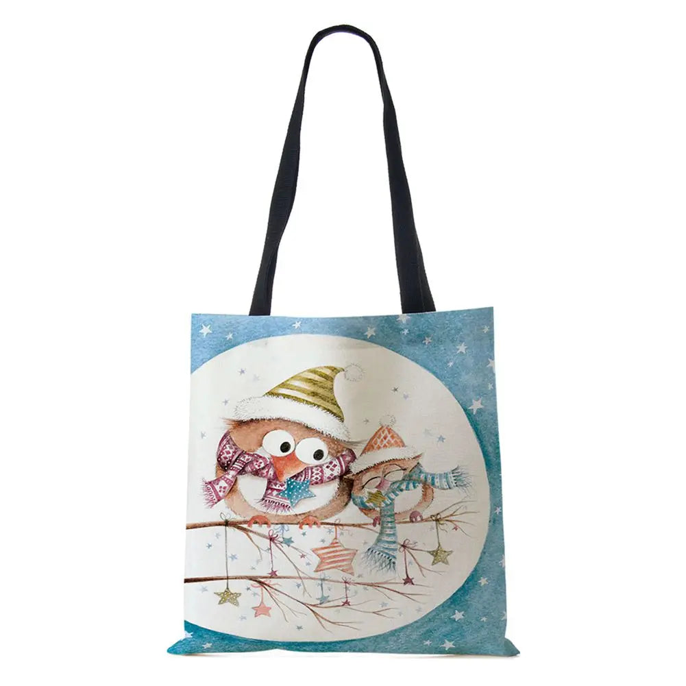 Harajuku Canvas Shopper Bag Winter Bird Snowflake Travel Shoulder Bag