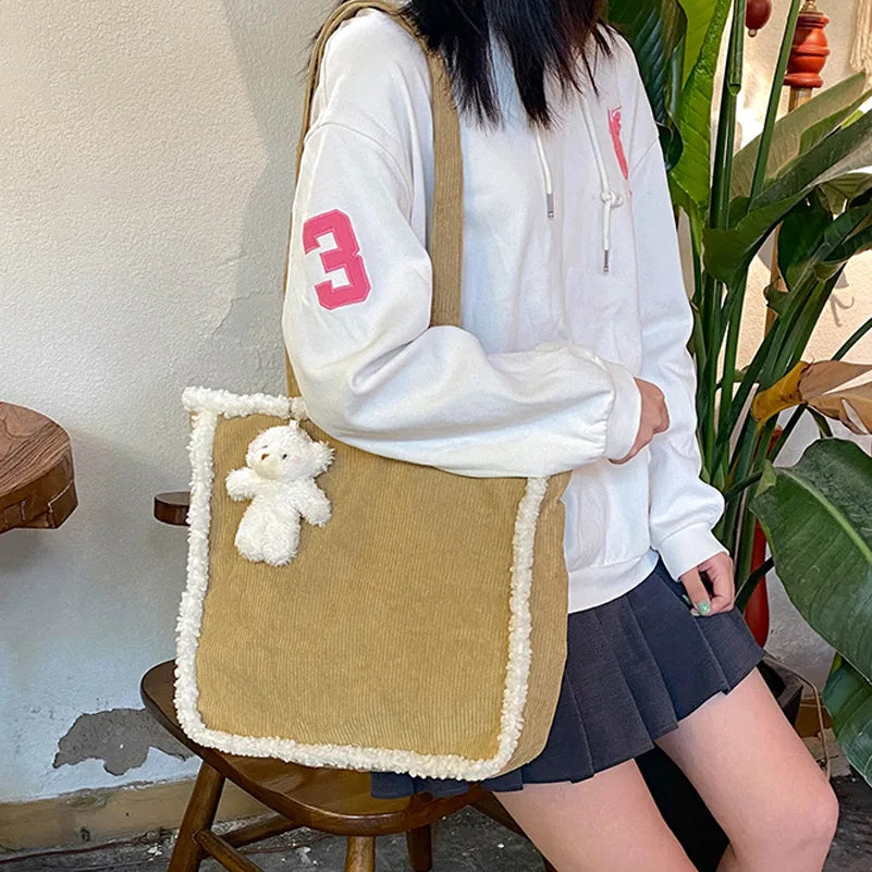 Harajuku Corduroy Lamb Wool Handbag Large Capacity Winter Shoulder Bag