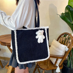 Harajuku Corduroy Lamb Wool Handbag Large Capacity Winter Shoulder Bag