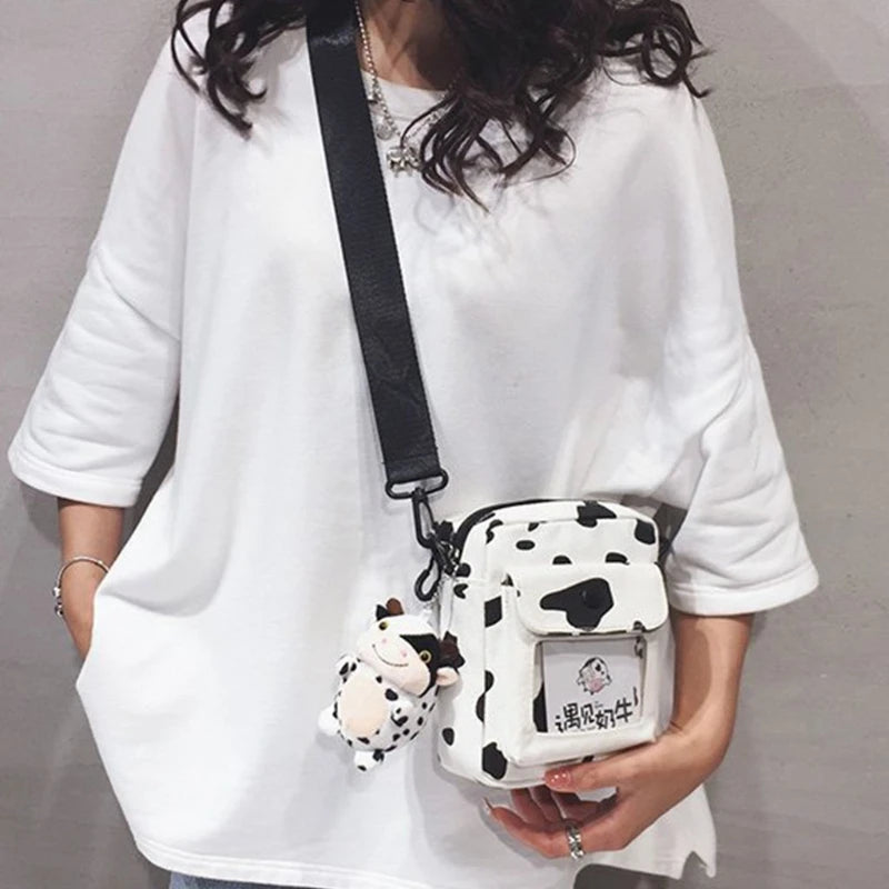 Harajuku Cow Pattern Canvas Bag Women Shoulder Messenger Crossbody