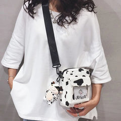 Harajuku Cow Pattern Canvas Bag Women Shoulder Messenger Crossbody