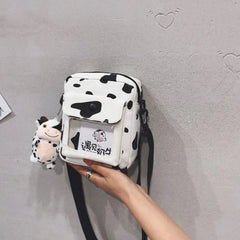 Harajuku Cow Pattern Canvas Bag Women Shoulder Messenger Crossbody