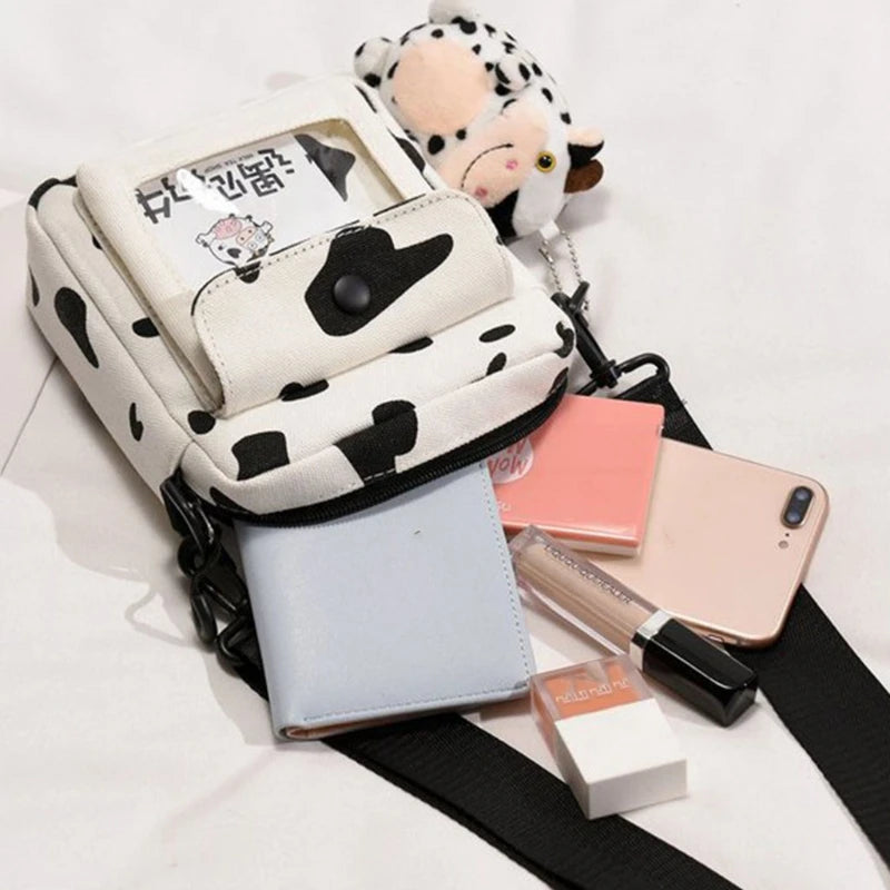 Harajuku Cow Pattern Canvas Bag Women Shoulder Messenger Crossbody