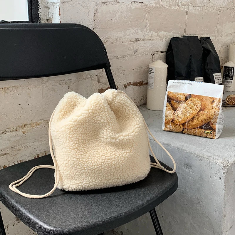 Harajuku Women Drawstring Bucket Bag Winter Lambswool Faux Fur