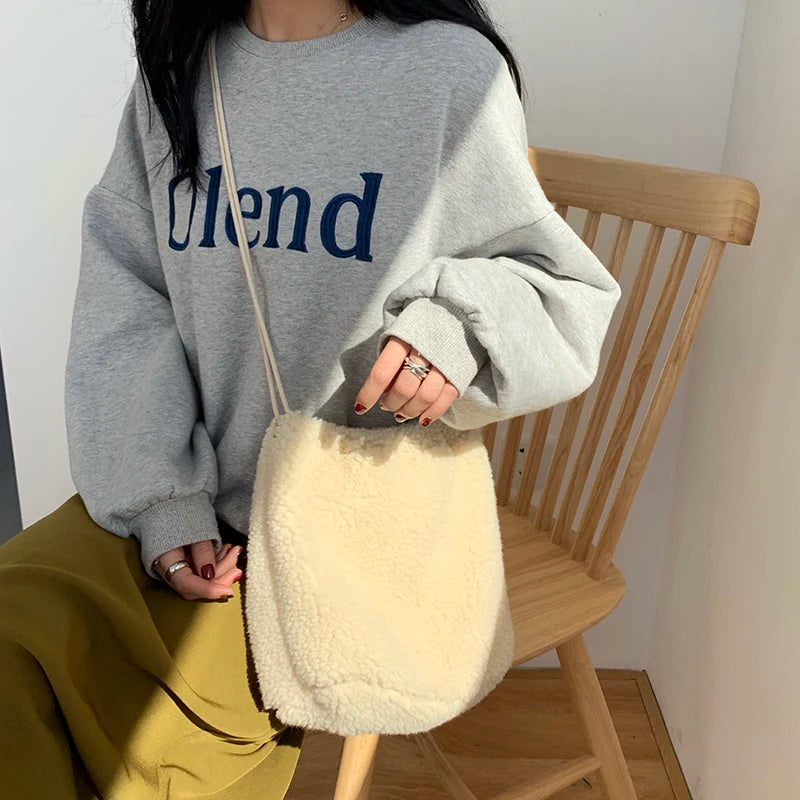 Harajuku Women Drawstring Bucket Bag Winter Lambswool Faux Fur