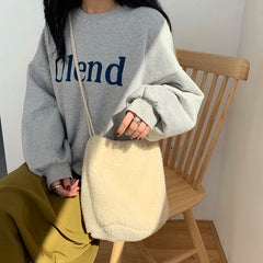 Harajuku Women Drawstring Bucket Bag Winter Lambswool Faux Fur