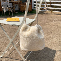 Harajuku Women Drawstring Bucket Bag Winter Lambswool Faux Fur