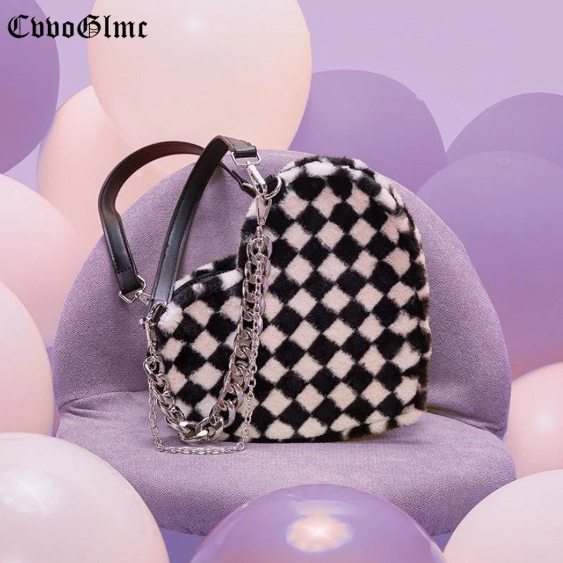 Harajuku Plaid Chain Shoulder Totes Bag Heart Bolsa Feminina Punk Y2K Handbag