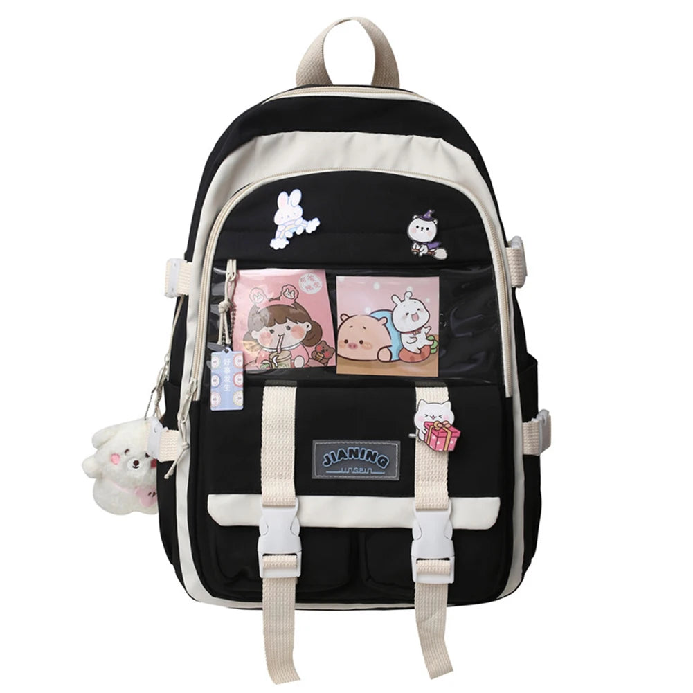Harajuku Style Women Backpack Contrast School Bag for Girls Multiple Pockets