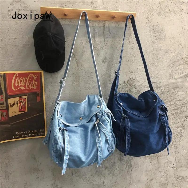 Harajuku Vintage Denim Crossbody Bag Large Capacity Casual Shoulder Handbag