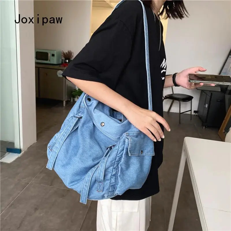 Harajuku Vintage Denim Crossbody Bag Large Capacity Casual Shoulder Handbag