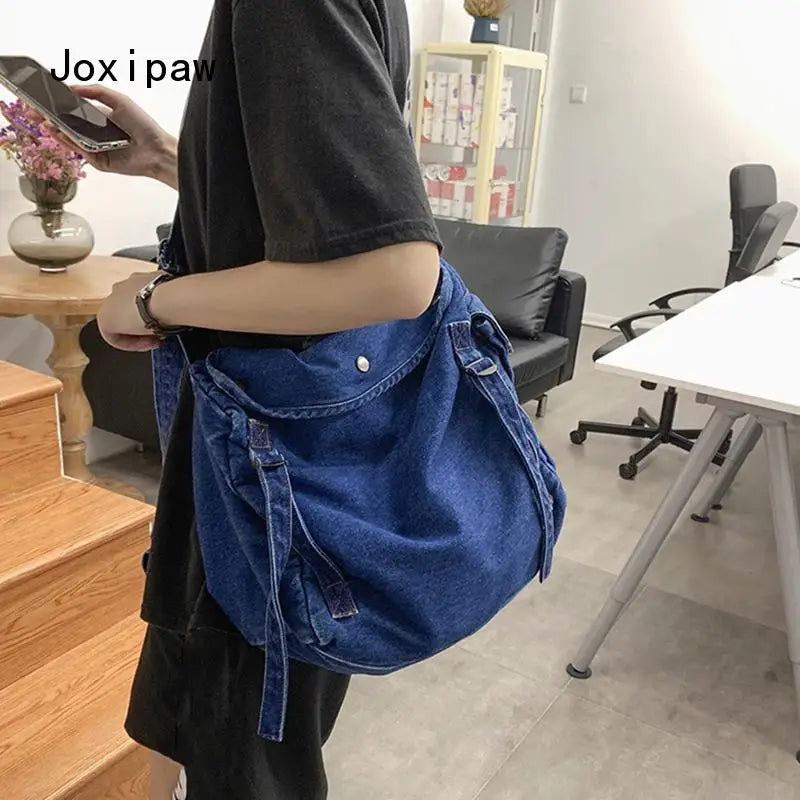 Harajuku Vintage Denim Crossbody Bag Large Capacity Casual Shoulder Handbag