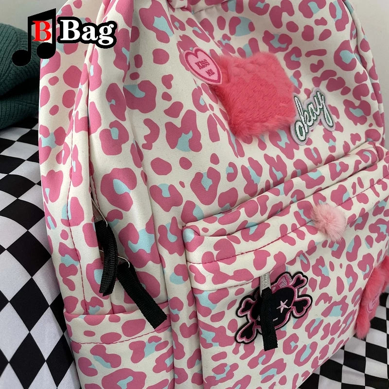 Harajuku Women Girl Pink Leopard Print Backpack Y2K Cartoon Casual