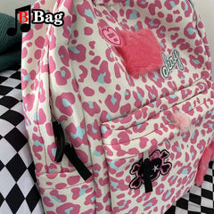 Harajuku Women Girl Pink Leopard Print Backpack Y2K Cartoon Casual