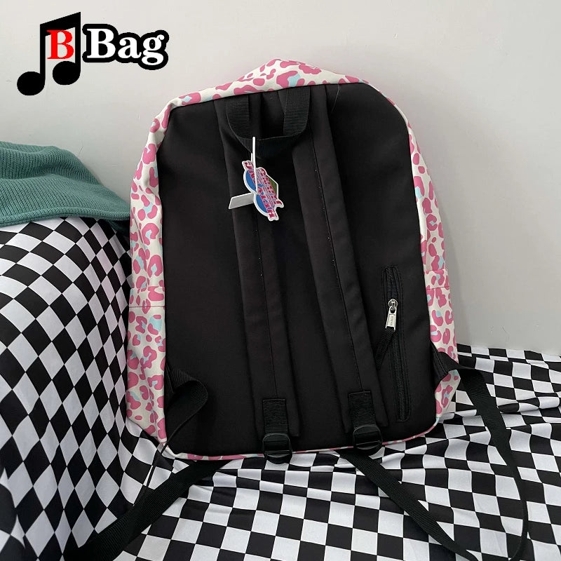 Harajuku Women Girl Pink Leopard Print Backpack Y2K Cartoon Casual