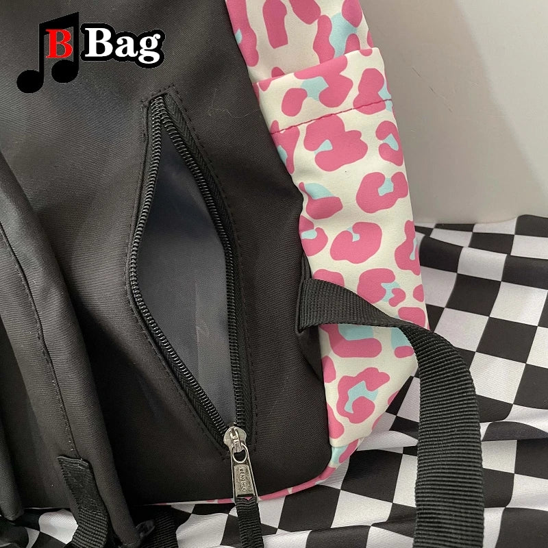 Harajuku Women Girl Pink Leopard Print Backpack Y2K Cartoon Casual