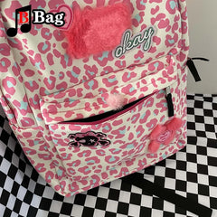 Harajuku Women Girl Pink Leopard Print Backpack Y2K Cartoon Casual