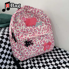Harajuku Women Girl Pink Leopard Print Backpack Y2K Cartoon Casual