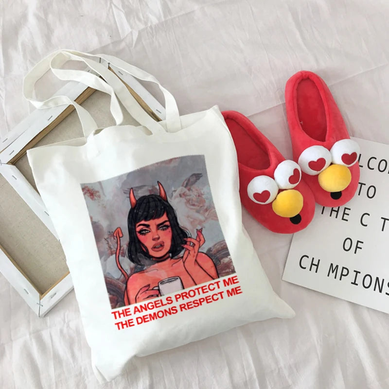 Harajuku Women's Canvas Devil Letter Spoof Printing Casual Shoulder Bag