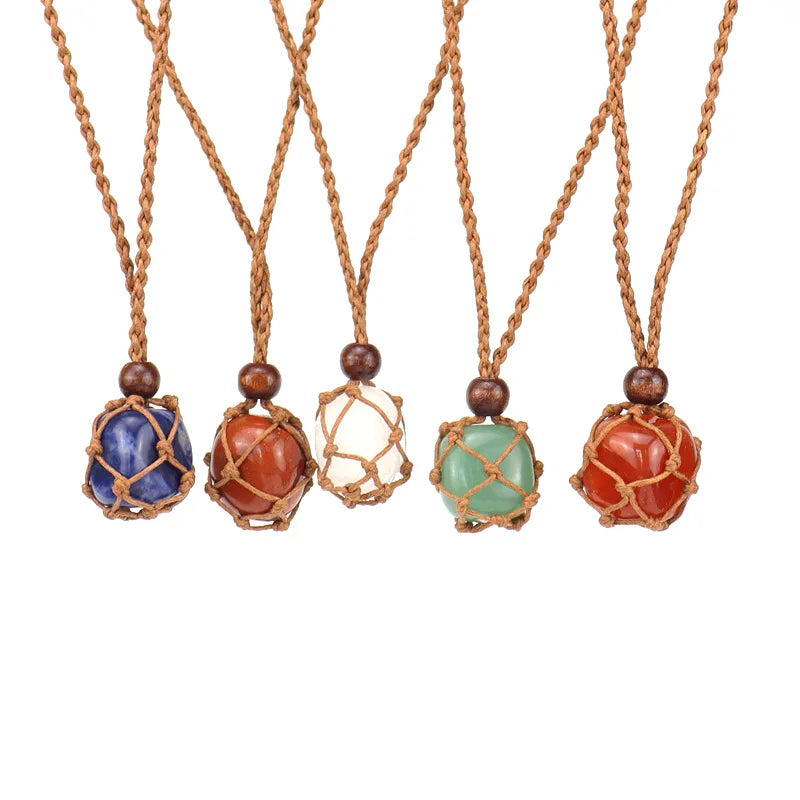 Healing Crystal Natural Stone Pendant Weave Net Bag Charms Rope Chain Necklaces