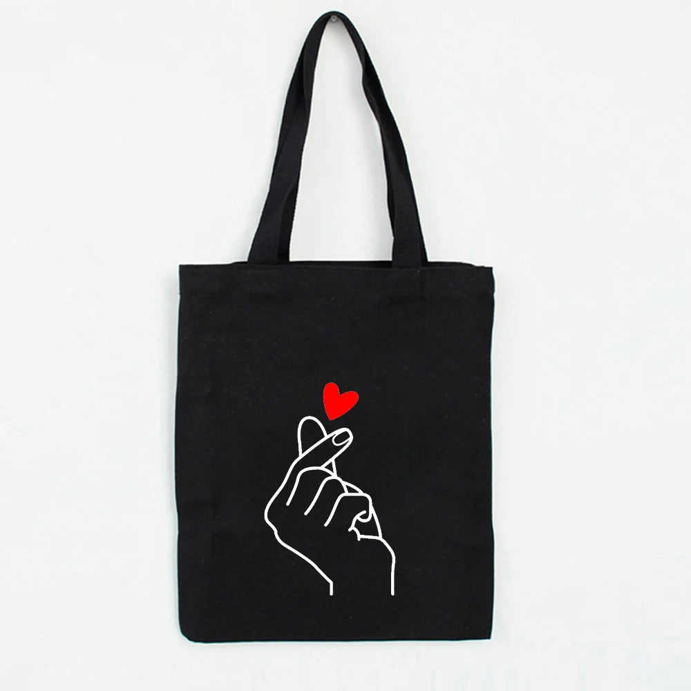 Heart Gesture Women Canvas Foldable Shopping Bag Cartoon Cotton Bag