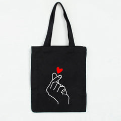 Heart Gesture Women Canvas Foldable Shopping Bag Cartoon Cotton Bag