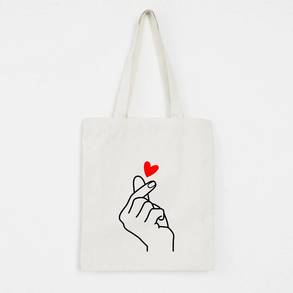Heart Gesture Women Canvas Foldable Shopping Bag Cartoon Cotton Bag