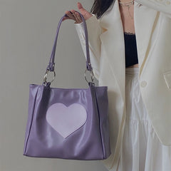 Heart Pattern Women PU Leather Shoulder Bags Female Girl Purple Underarm Bag