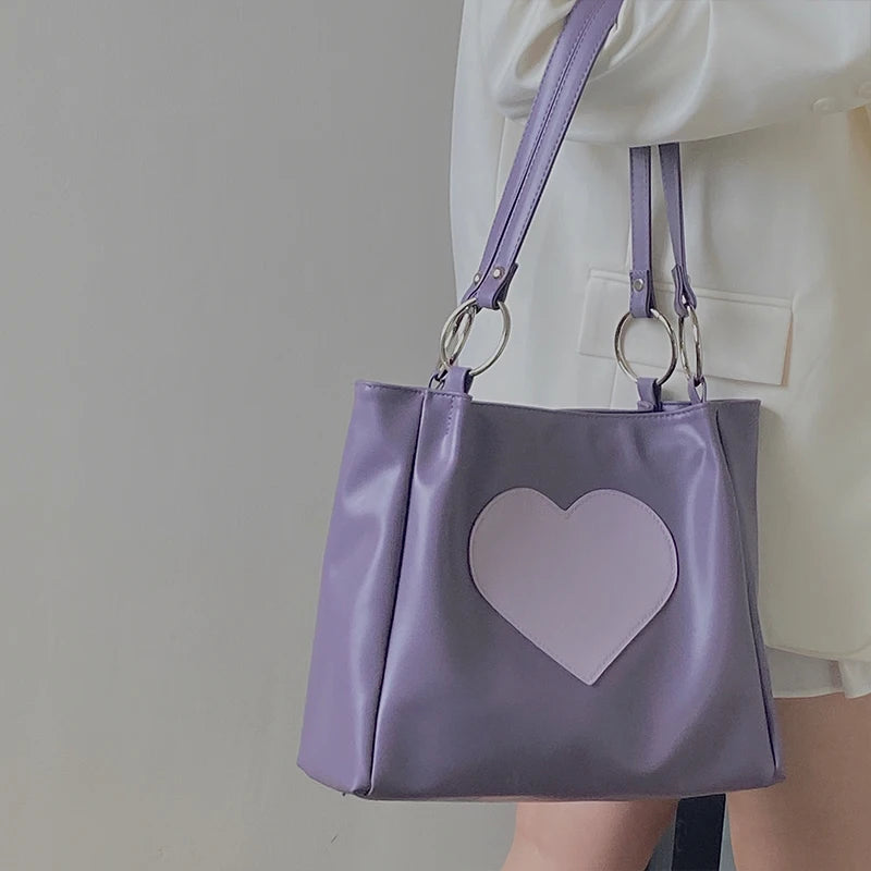 Heart Pattern Women PU Leather Shoulder Bags Female Girl Purple Underarm Bag
