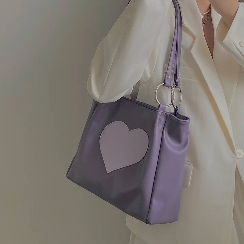 Heart Pattern Women PU Leather Shoulder Bags Female Girl Purple Underarm Bag