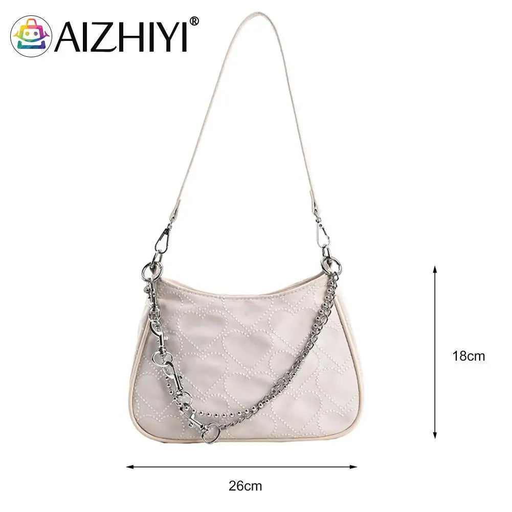 Hearts Embroidery Women Underarm Bag Chain Shoulder Bag