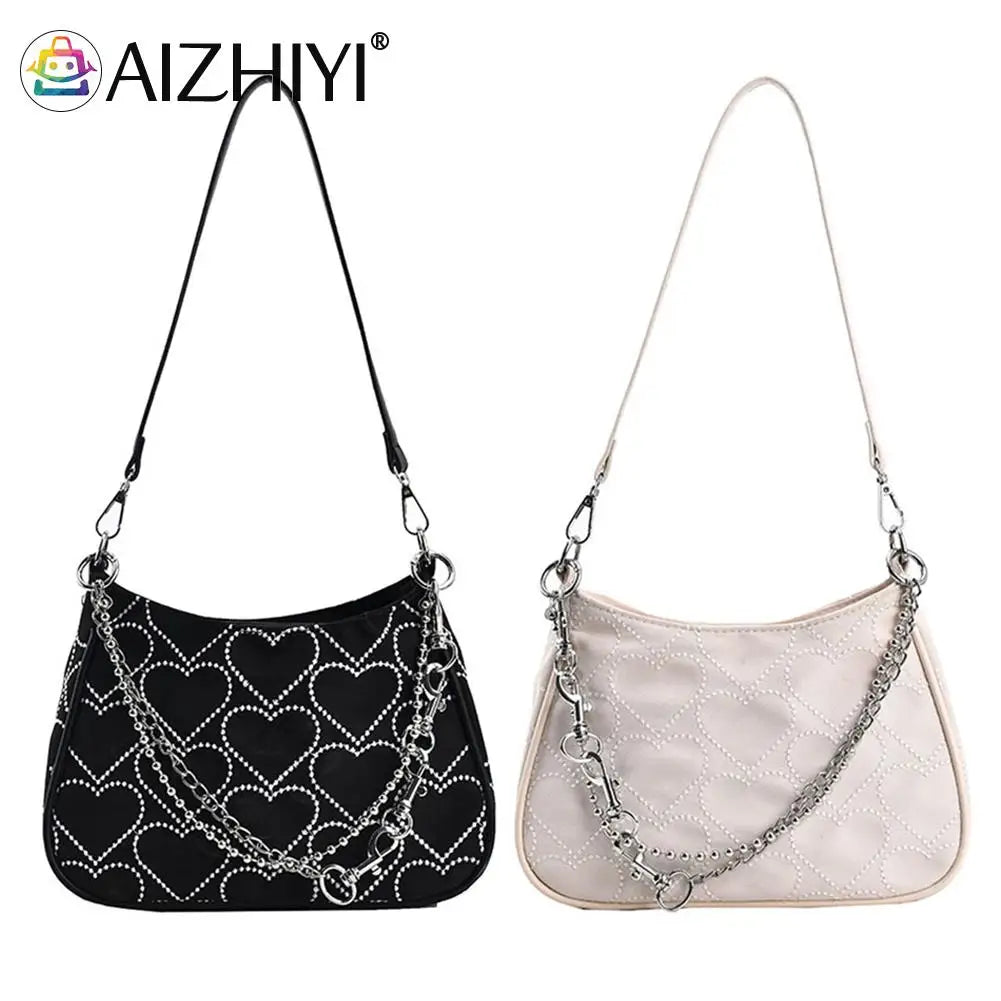 Hearts Embroidery Women Underarm Bag Chain Shoulder Bag