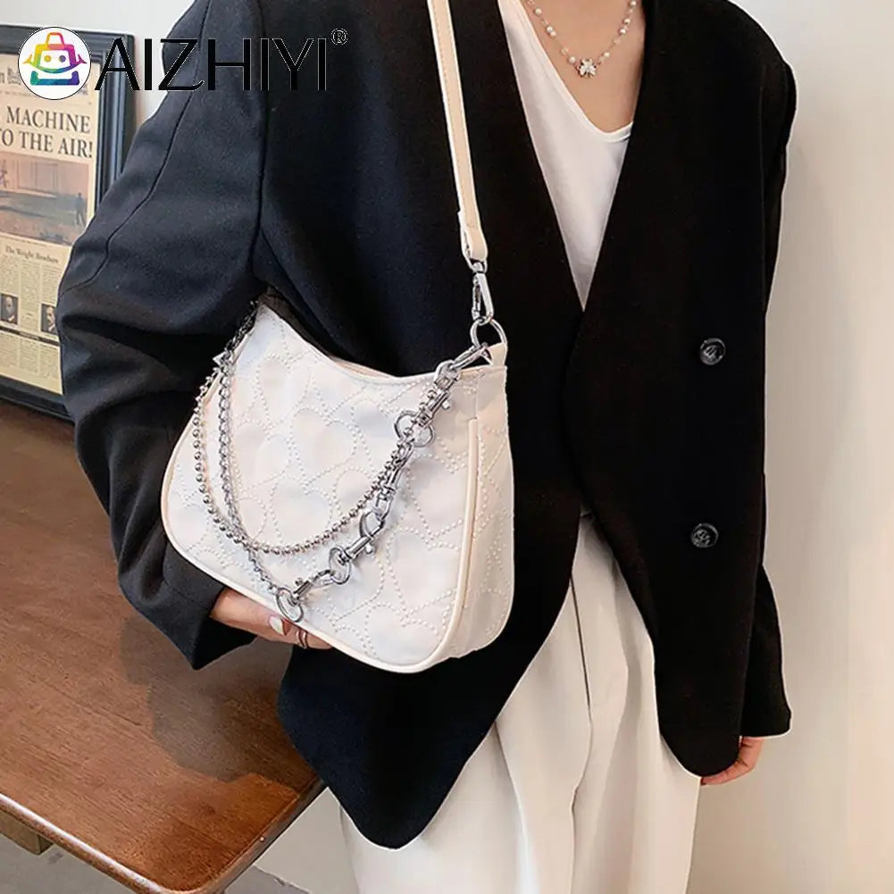 Hearts Embroidery Women Underarm Bag Chain Shoulder Bag