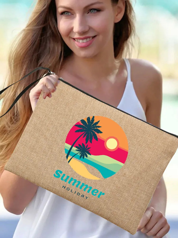 Summer Linen Clutch Bag Women's Makeup Beach Sunglasses Organizer