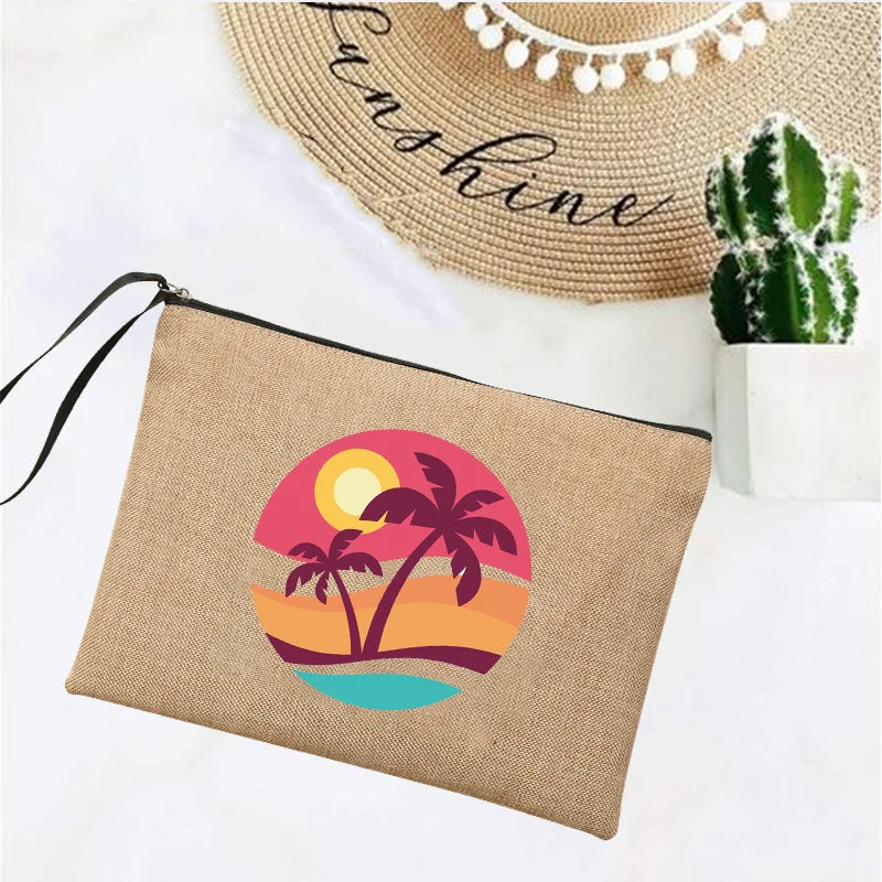 Summer Linen Clutch Bag Women's Makeup Beach Sunglasses Organizer