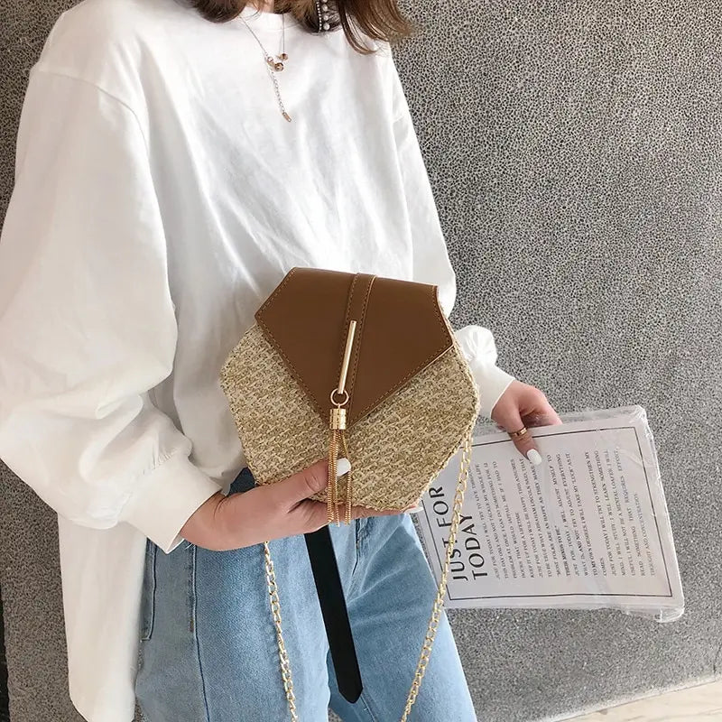 Straw Leather Shoulder Bag Handbag Women Summer Rattan Bag Woven Beach Tote Bag