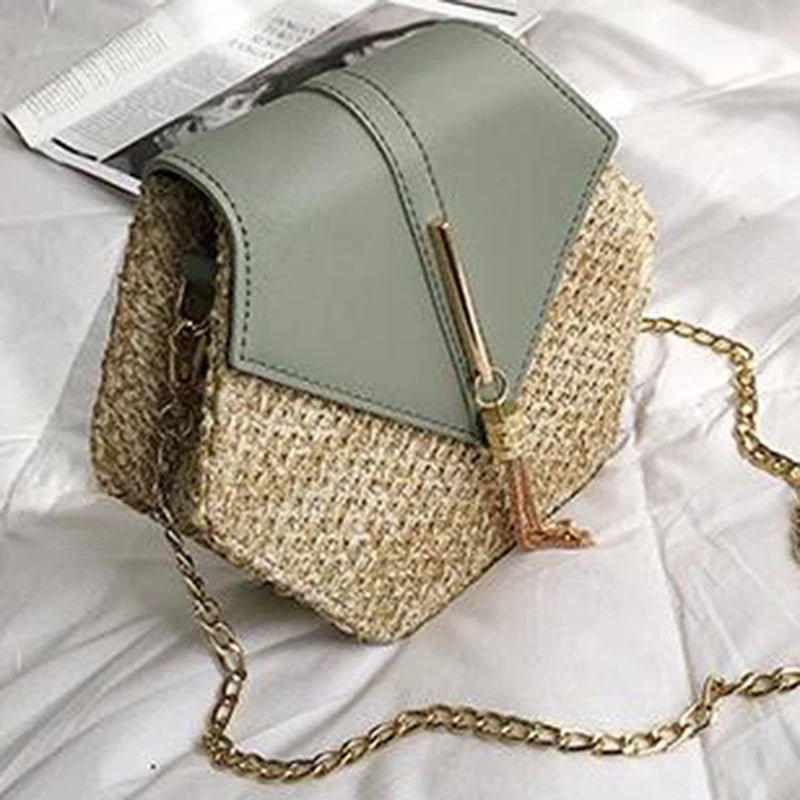 Hexagon Straw+Leather Handbag Women Summer Rattan Woven Beach Bohemia Bag