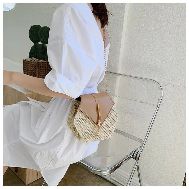 Hexagon Straw+Leather Handbag Women Summer Rattan Woven Beach Bohemia Bag