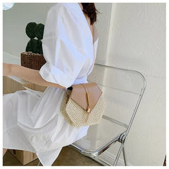 Hexagon Straw+Leather Handbag Women Summer Rattan Woven Beach Bohemia Bag