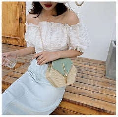 Hexagon Straw+Leather Handbag Women Summer Rattan Woven Beach Bohemia Bag